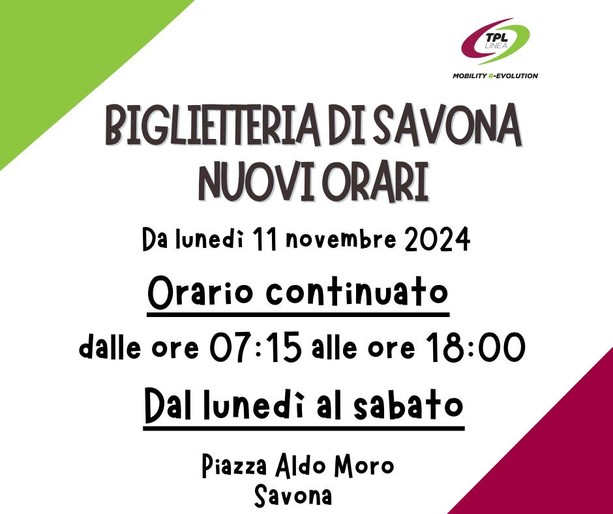 TPL Linea, dall’11 novembre nuovo orario per la biglietteria di Savona