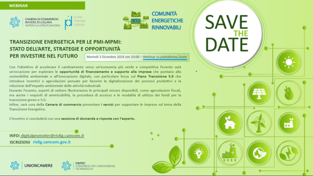 Imprese e transizione energetica, ciclo di seminari gratuiti della Camera di Commercio